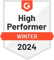 G2 High Performer Winter 2024 badge with red and white colors.