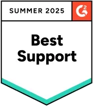 Badge showing G2 Best Support award for Summer 2025.