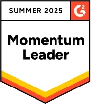 G2 Momentum Leader badge for Summer 2025 with a red and orange chevron at the bottom.