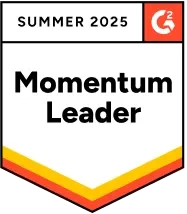 G2 Momentum Leader badge for Summer 2025 with a red and orange chevron design.