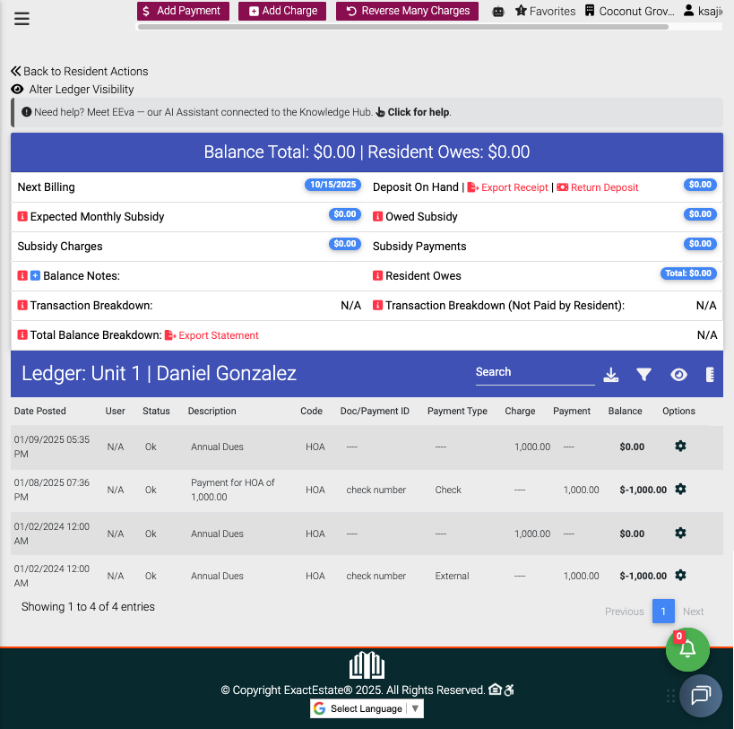 Resident ledger showing balance total $0.00, next billing date 10/15/2025, subsidies and charges all at $0.00, and transaction details for Unit 1 Daniel Gonzalez including dates, statuses, descriptions, payments, and balances.
