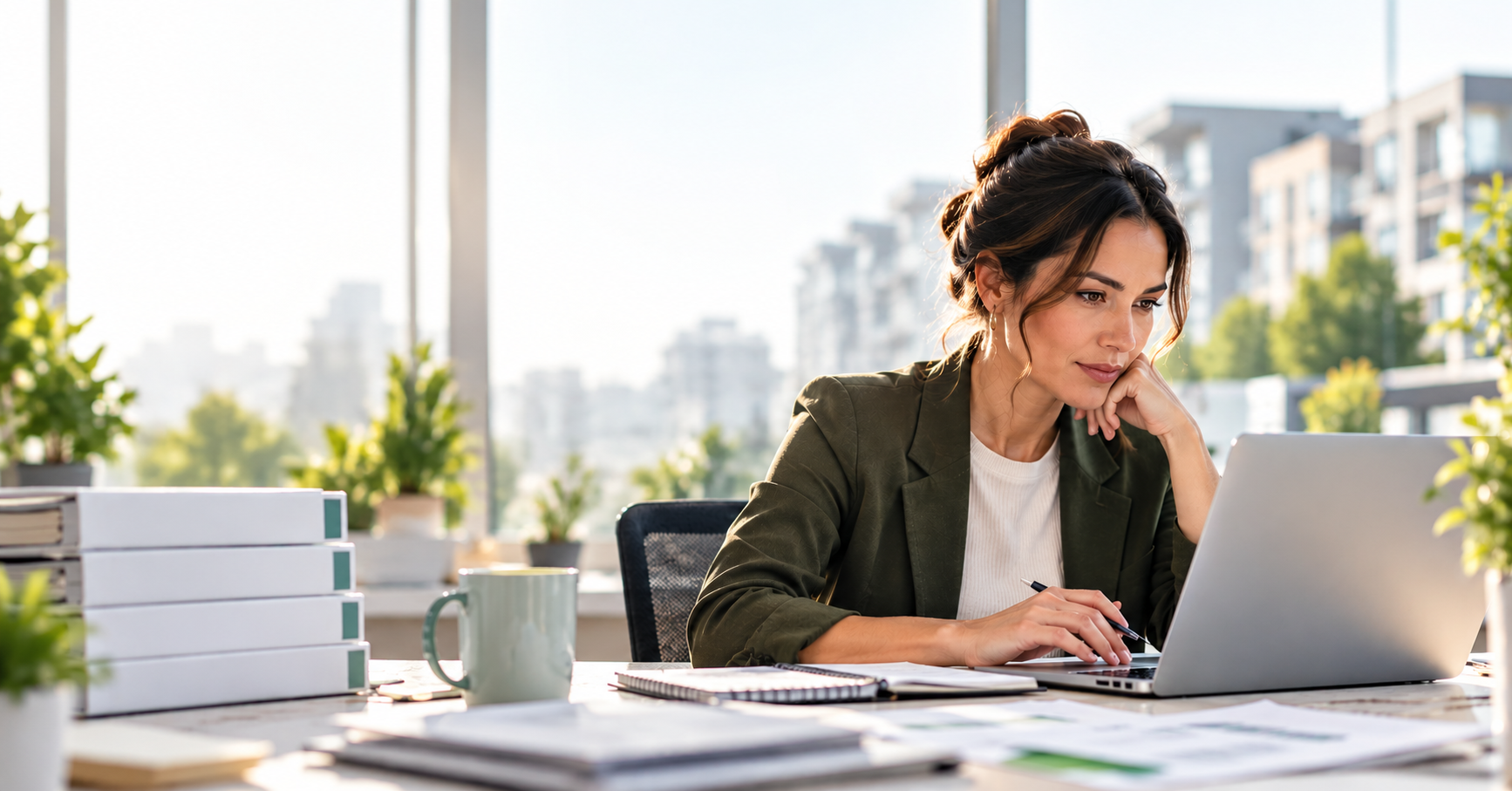 Thoughtful Woman in a Sunlit Urban Office