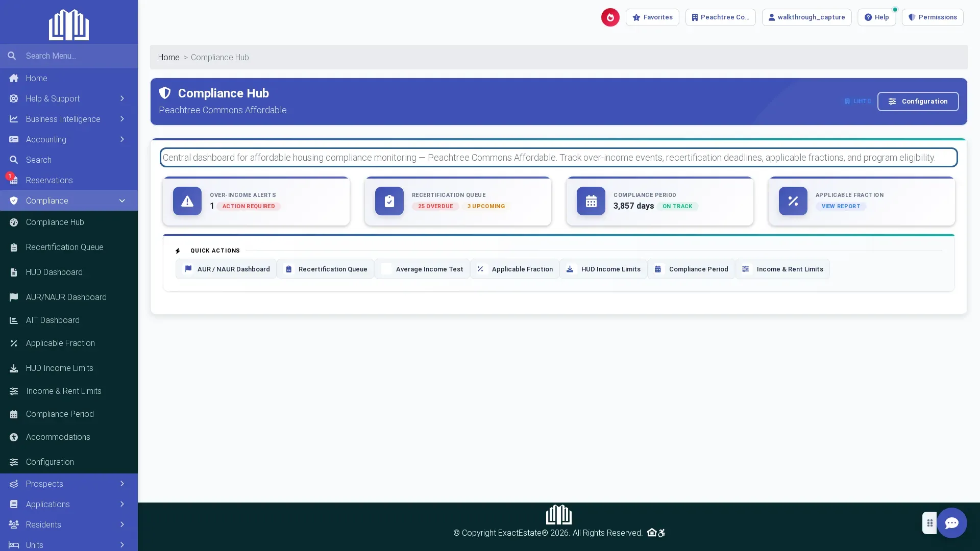 ExactEstate compliance hub showing over-income alerts, a recertification queue and LIHTC program status