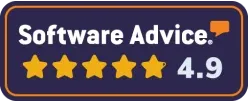 Software Advice rating with five gold stars and score of 4.9 in a navy and orange badge.