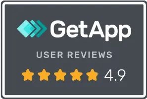 GetApp logo with text 'USER REVIEWS' and a 4.9 star rating shown by five gold stars.
