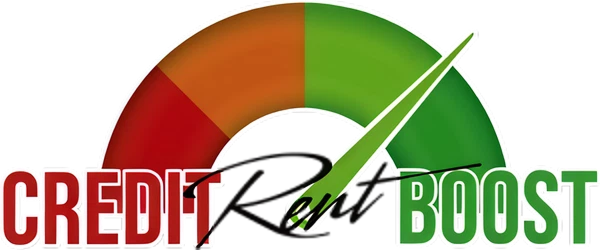 CreditRentBoost logo with a red to green speedometer graphic and a green check mark.