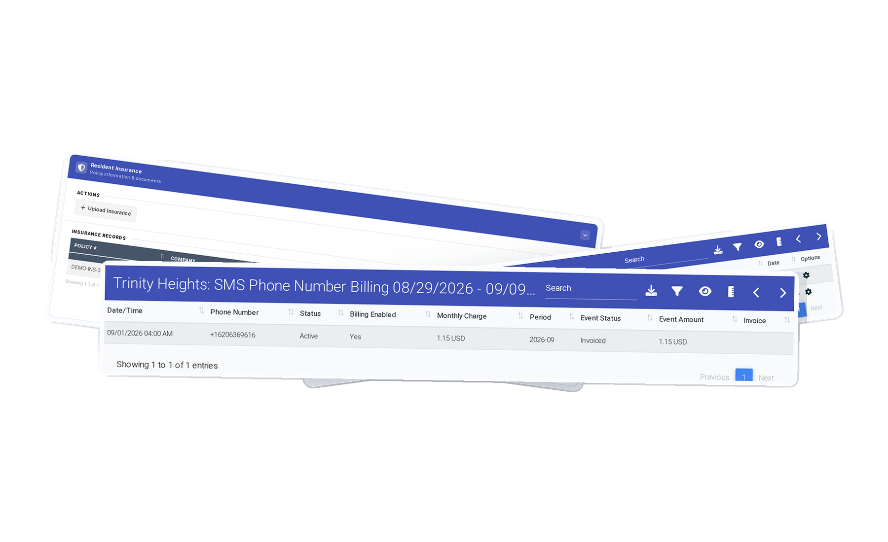 Resident Management Software: Resident Insurance panel with Upload Insurance and one Travelers policy including dates, coverage, download and delete controls, one of 3 ExactEstate screens shown stacked