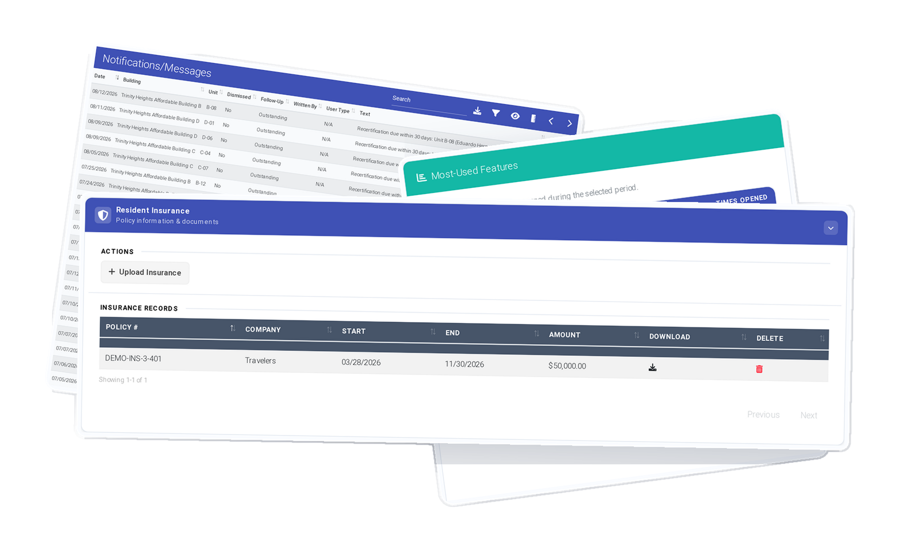 Resident Management Software: Closer Notifications and Messages table with outstanding recertification follow-ups, one of 3 ExactEstate screens shown stacked