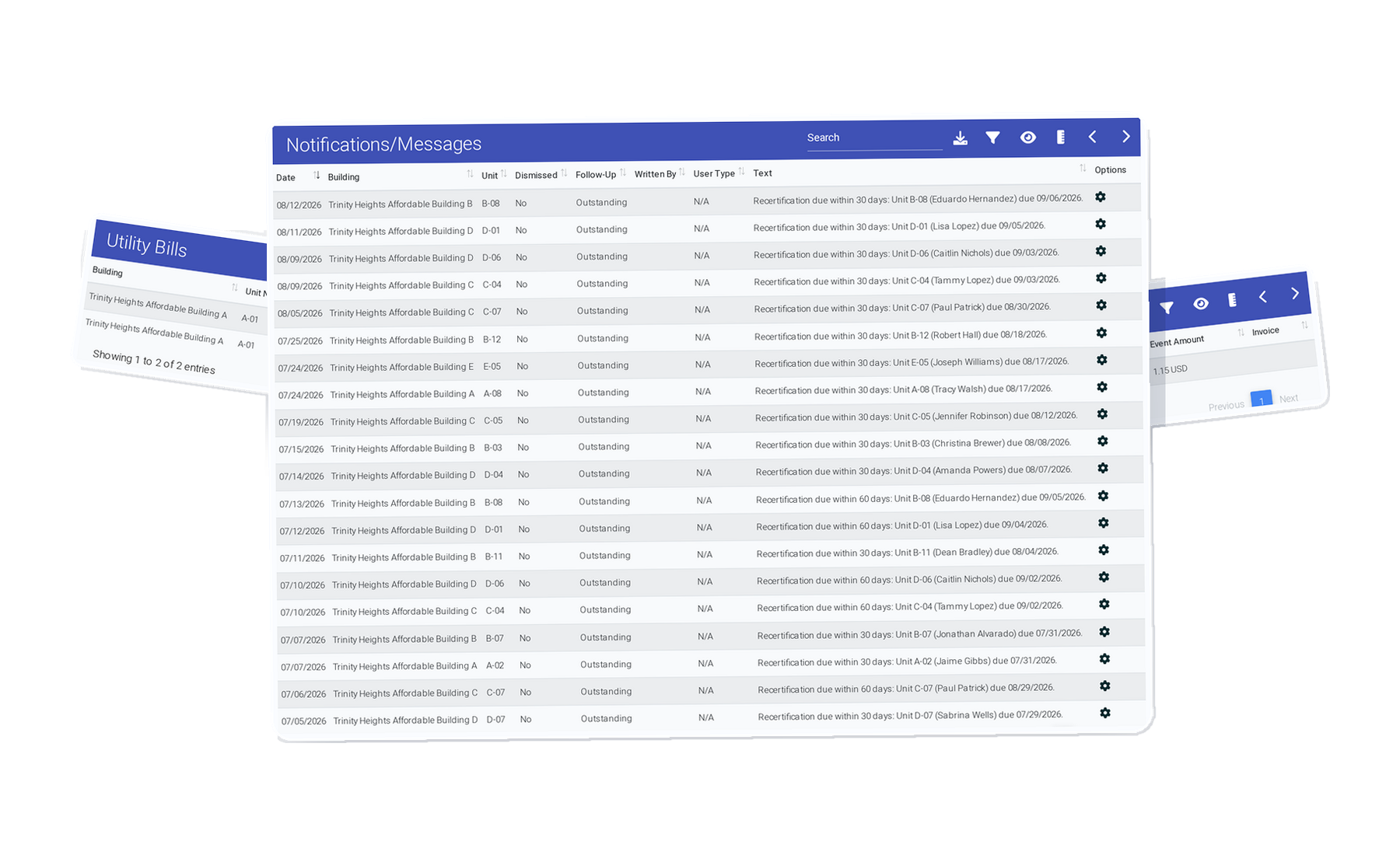 Resident Management Software: Utility Bills table with two Unit A01 entries, amounts 85 and 100, transaction code LateFee and seeded utility descriptions, one of 3 ExactEstate screens shown stacked