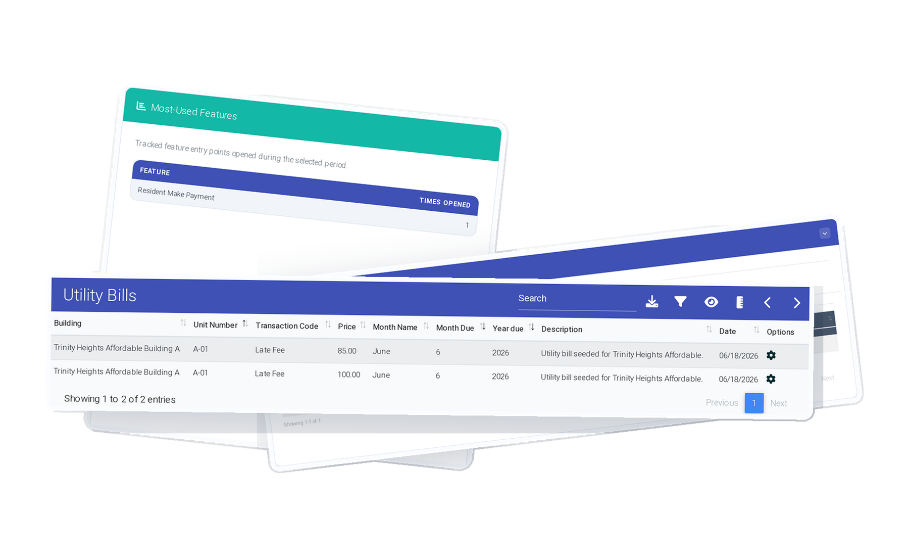 Resident Management Software: Most-Used Features card with Resident Make Payment opened once, one of 3 ExactEstate screens shown stacked
