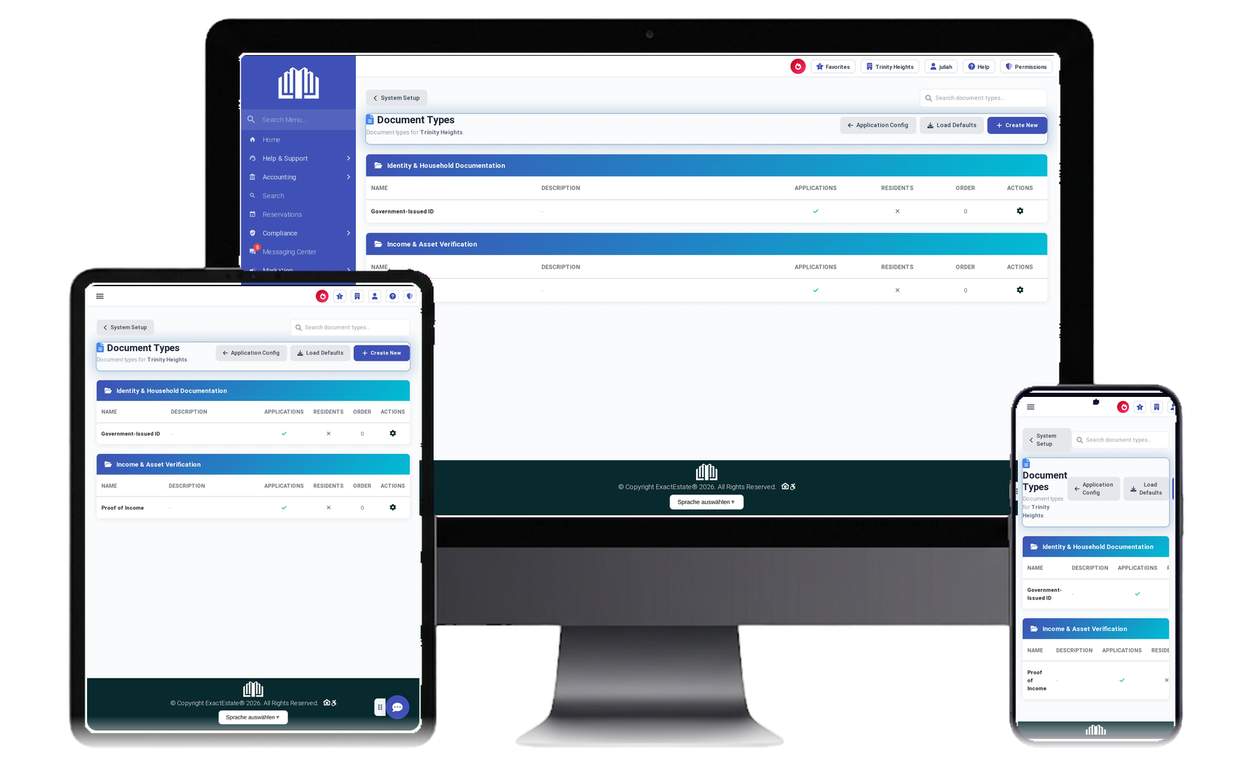 ExactEstate admin document types index shown on a desktop monitor, tablet and phone