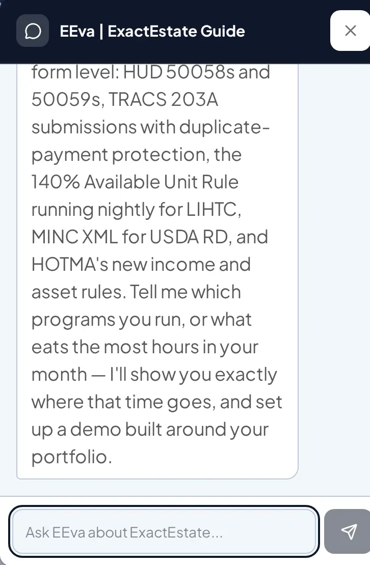 EEva answering an affordable-housing compliance question about HUD 50058 and 50059, TRACS, the 140% Available Unit Rule, MINC XML and HOTMA