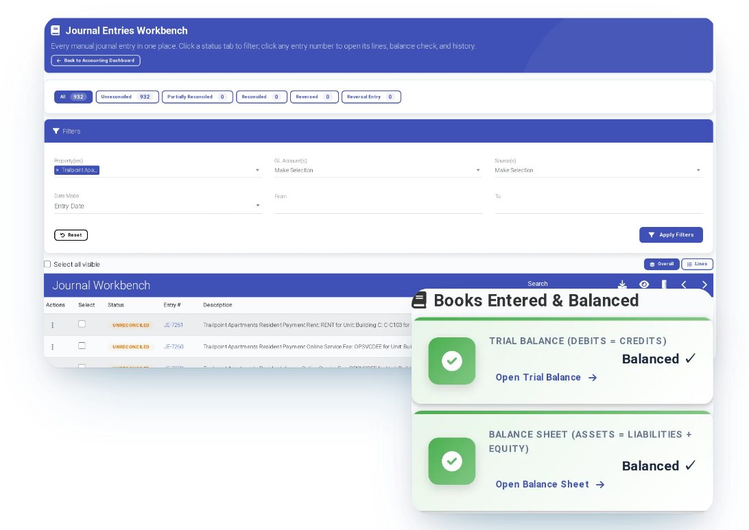 ExactEstate Journal Entries Workbench with journal status tabs and entries, alongside books entered and balanced checks.