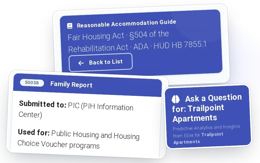 Property management software that can reason over the work: EEva Leasing Agent, EEva Portfolio Intelligence, EEva Compliance Intelligence (cited answers on program rules read again