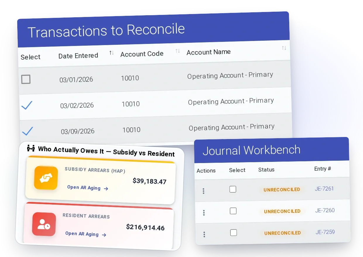 Stop reconciling property management to accounting: charges flow to GL, vendor invoices do not disappear between AP and bank, journal entries/financial statements/reconciliation.
