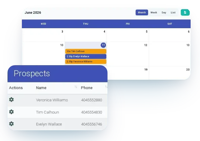 Leasing appointment calendar with a focused prospect contact list