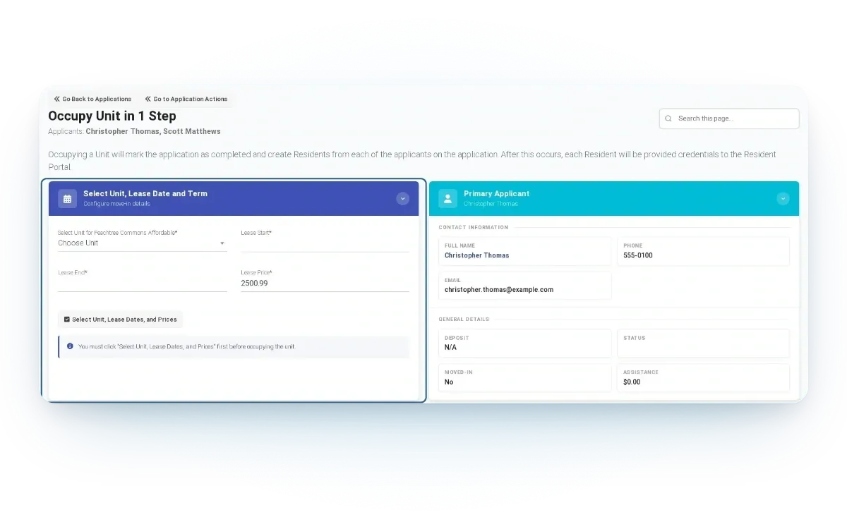 ExactEstate Occupy Unit in 1 Step workflow connecting application completion, lease details and resident creation