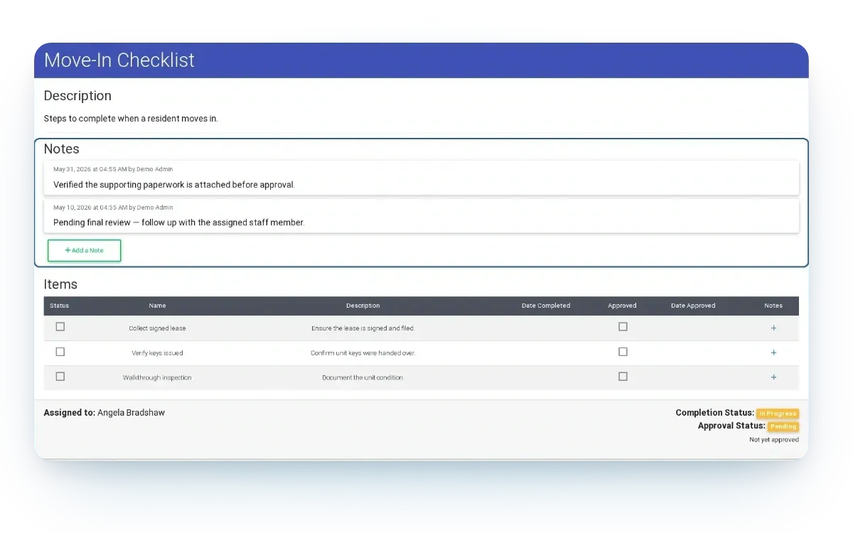 ExactEstate guided move-in checklist with staff notes, required tasks and completion status