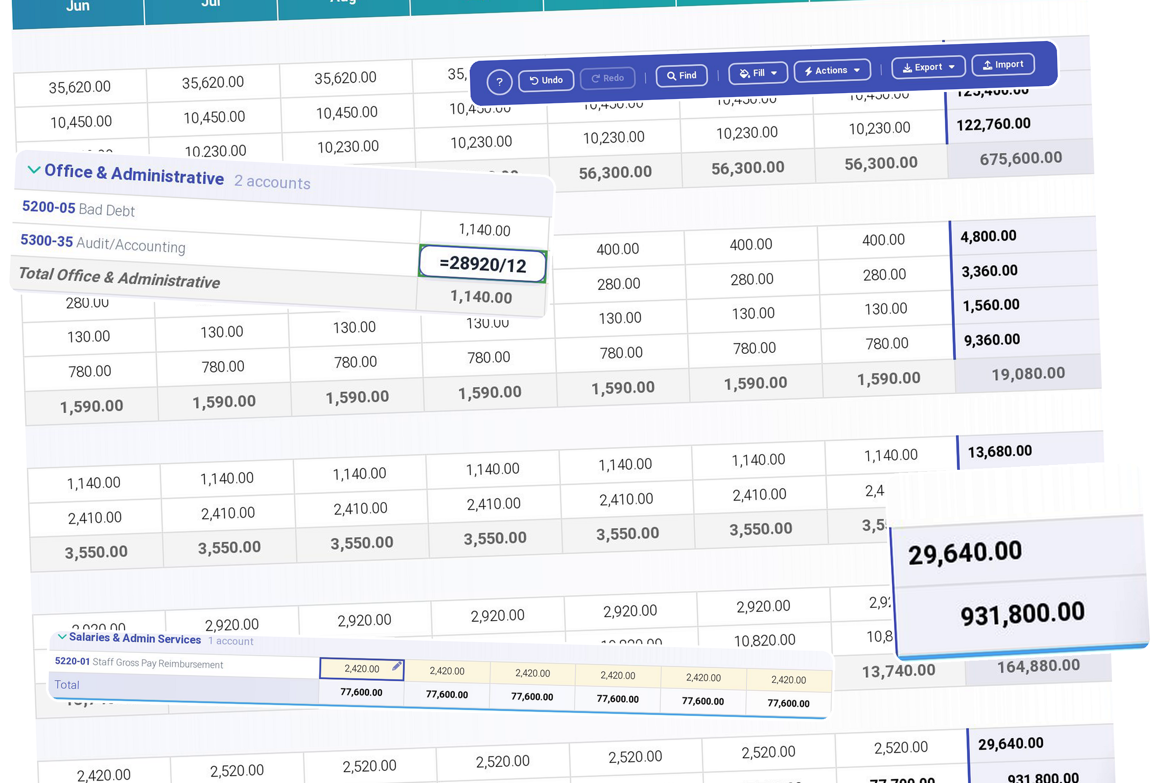 The budget editor: twelve months filled across, with live totals