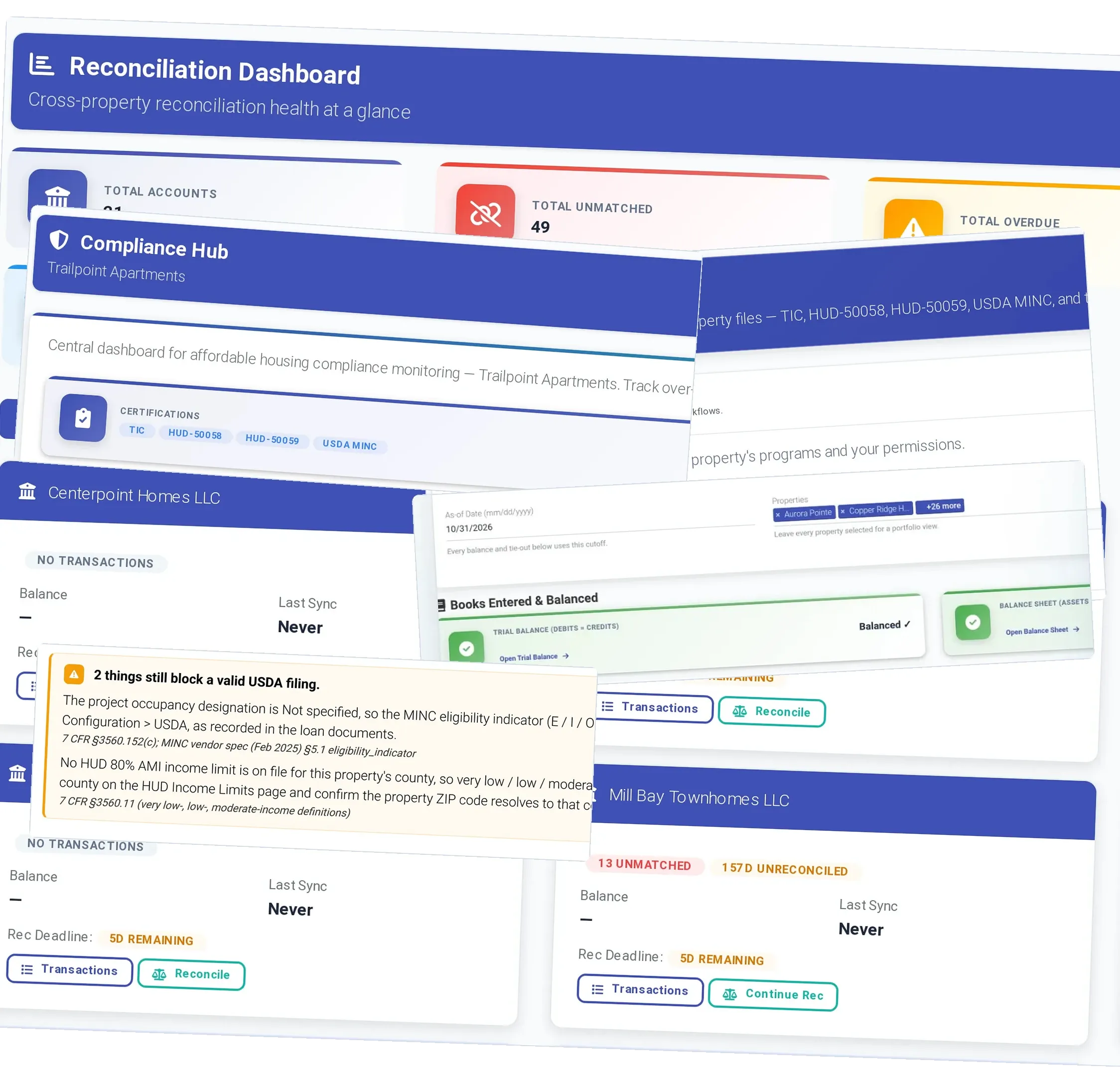 ExactEstate Reconciliation Dashboard across properties, with the Compliance Hub and a USDA filing check.