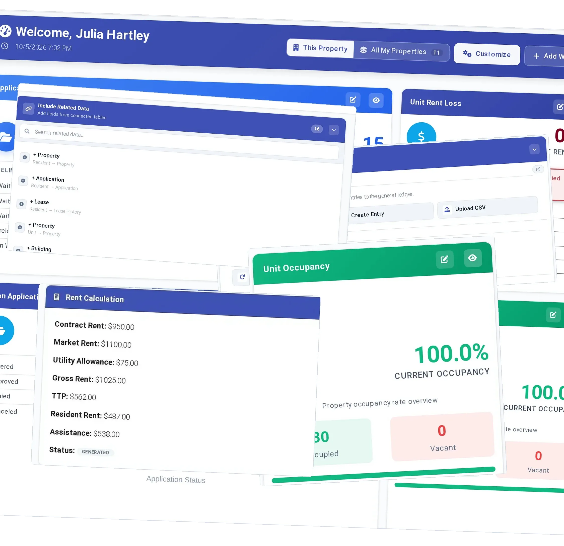 ExactEstate dashboard with the rent calculation and 100% unit occupancy.