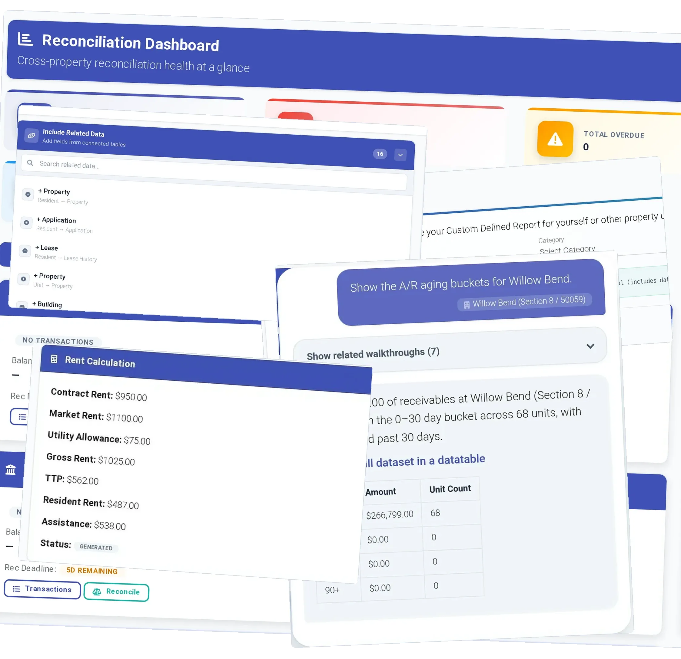 ExactEstate Reconciliation Dashboard, the rent calculation and EEva’s A/R aging answer.