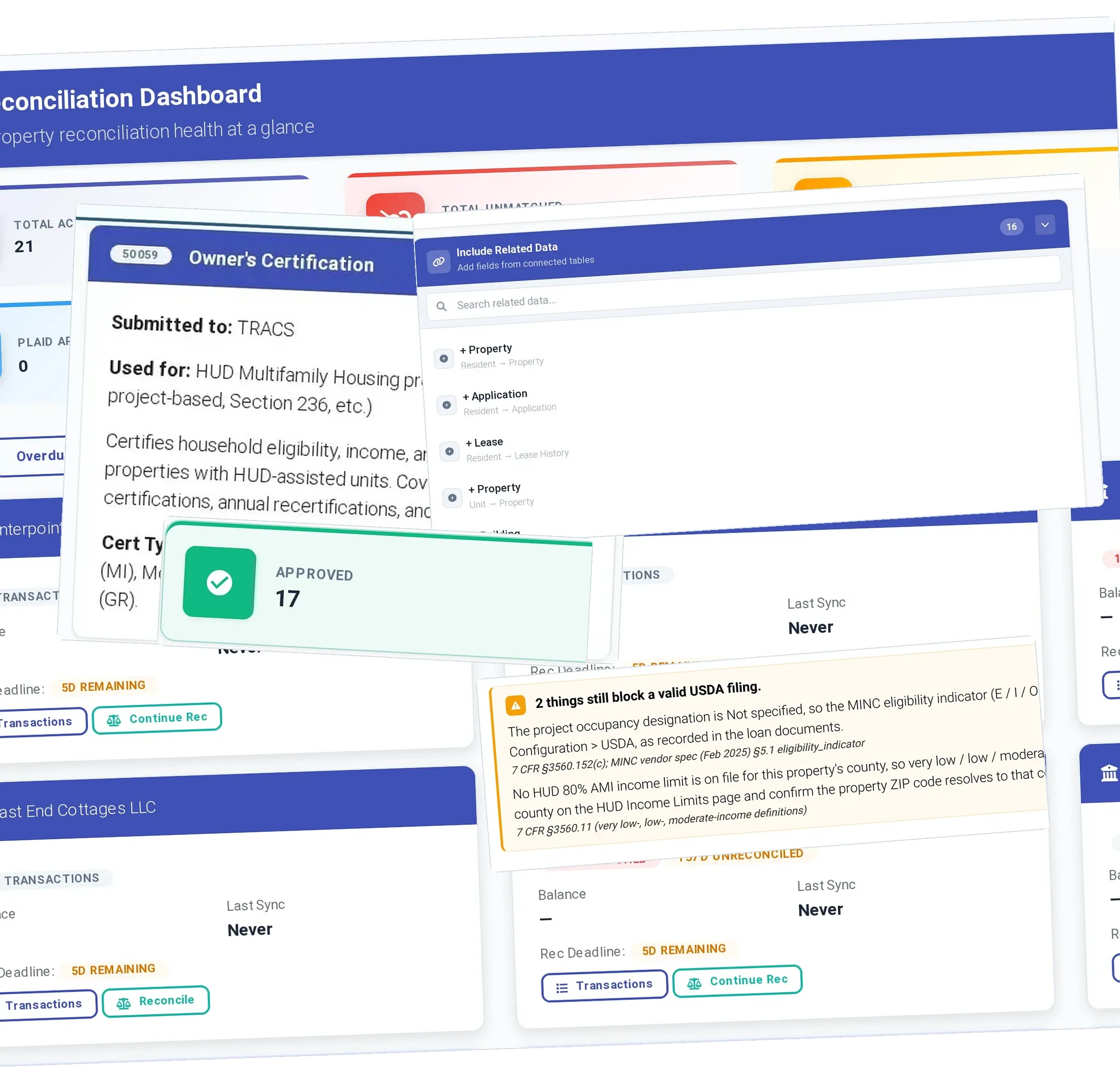 ExactEstate HUD owner’s certification marked approved, beside the Reconciliation Dashboard and a USDA filing check.