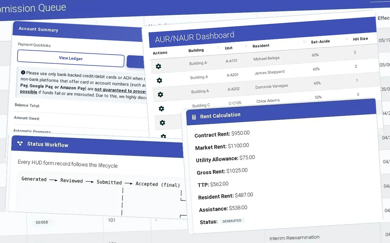 An ExactEstate HUD-50059 rent calculation in front of the HUD submission queue, the resident account, AUR/NAUR income checks and each form’s status from generated to accepted.