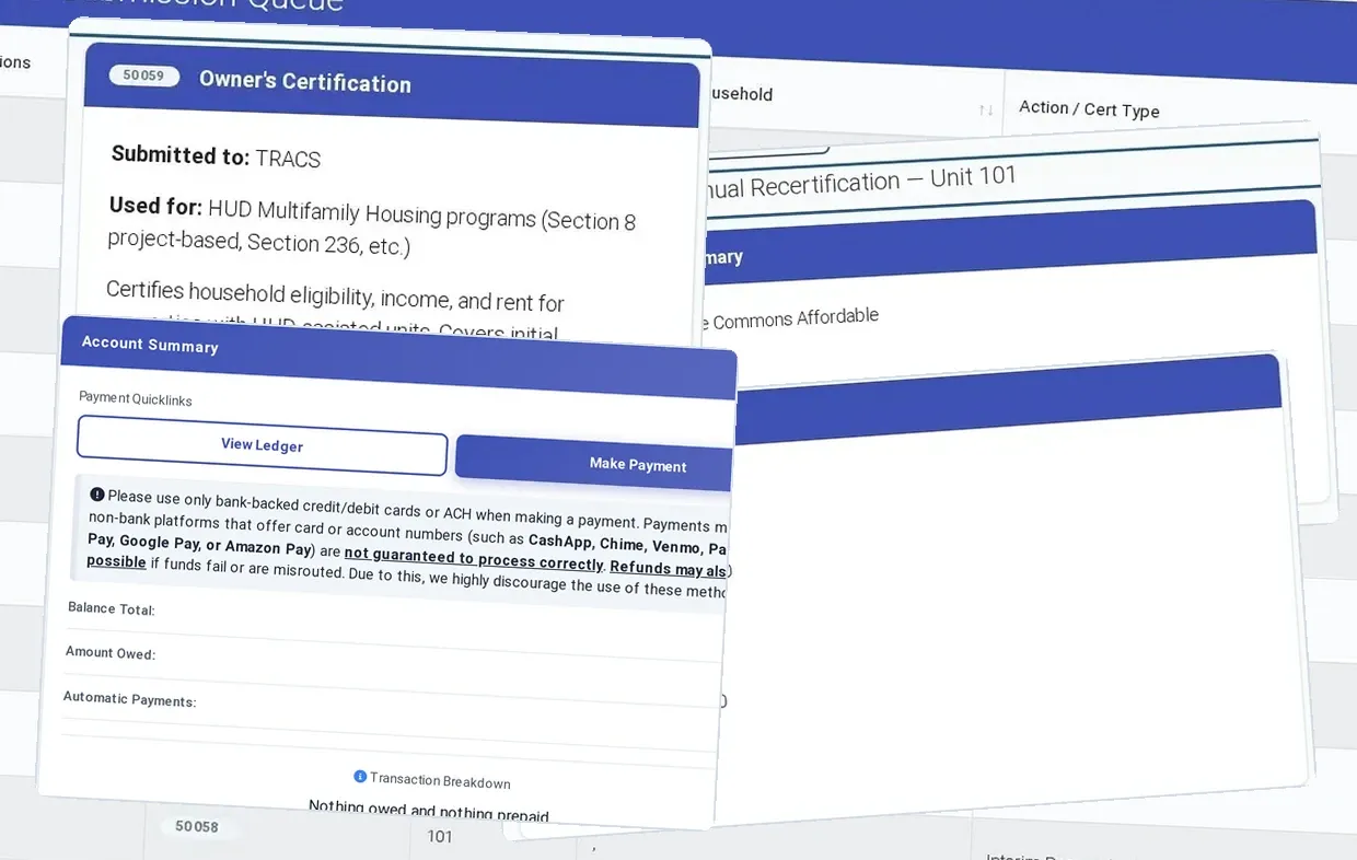 The HUD-50059 built from the resident workflow: household members, income, assets, deductions, verification and approval, with the 50059-A for move-outs, transfers, gross rent changes and terminations.