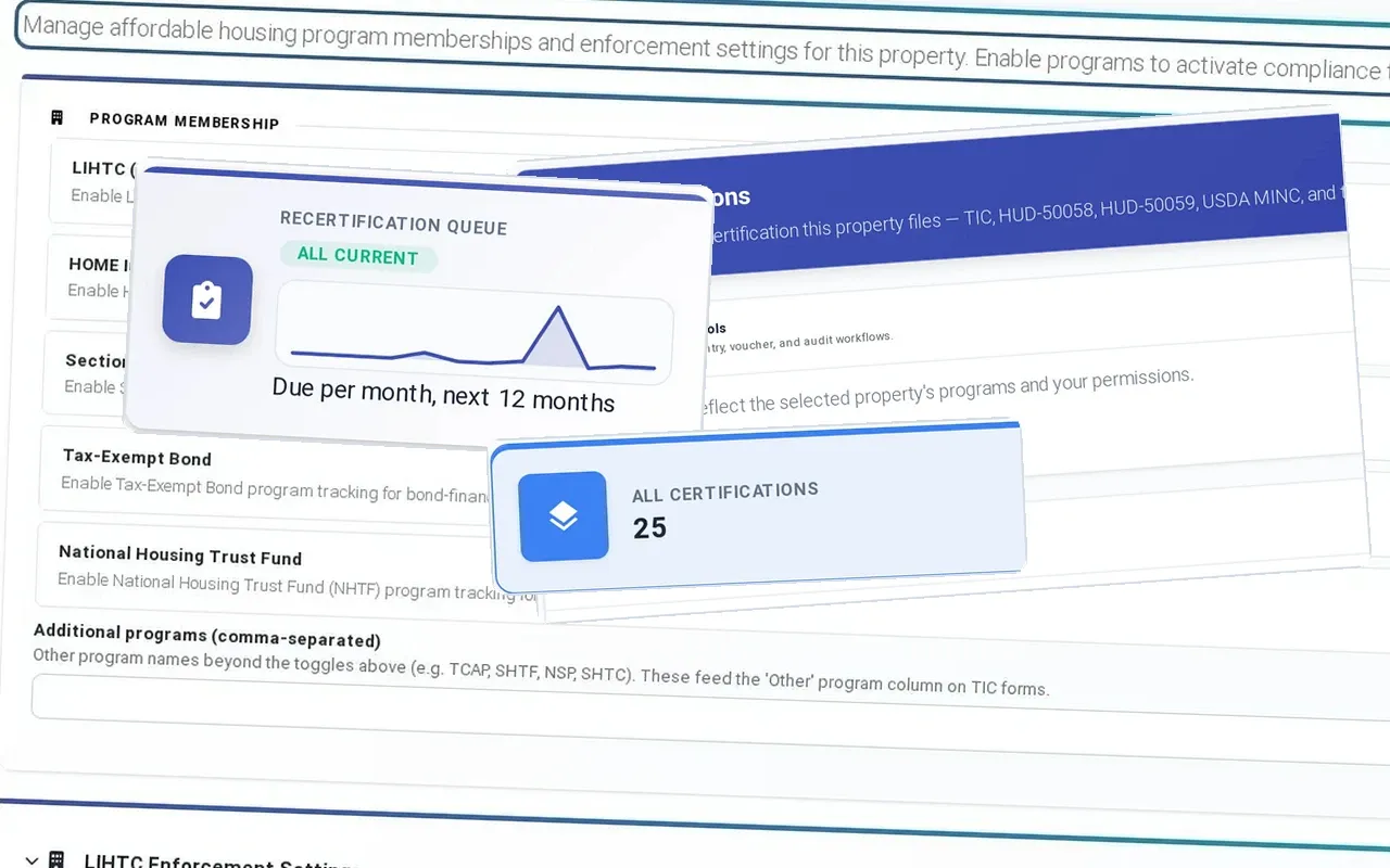 Each property configured to its own program rules in ExactEstate: program memberships, certifications by program and a recertification queue that is all current.