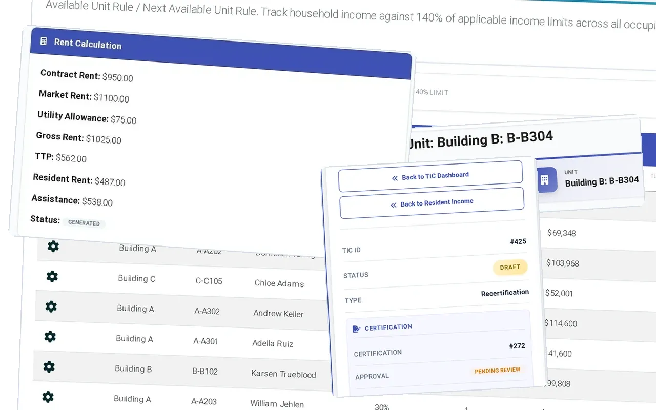 An income certification in ExactEstate built from the property’s recorded rules, with drafts and pending reviews tracked by number.