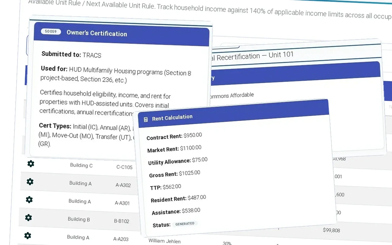 A HUD-50059 built from the household record, from the annual recertification and rent calculation to the owner certification submitted to TRACS.