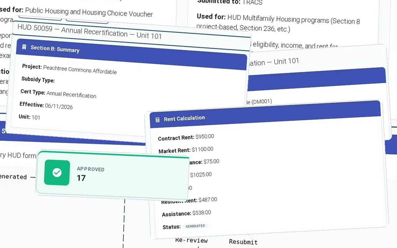 Section 8 certification in ExactEstate: a HUD-50058 annual reexamination and a HUD-50059 annual recertification with its rent calculation, side by side.