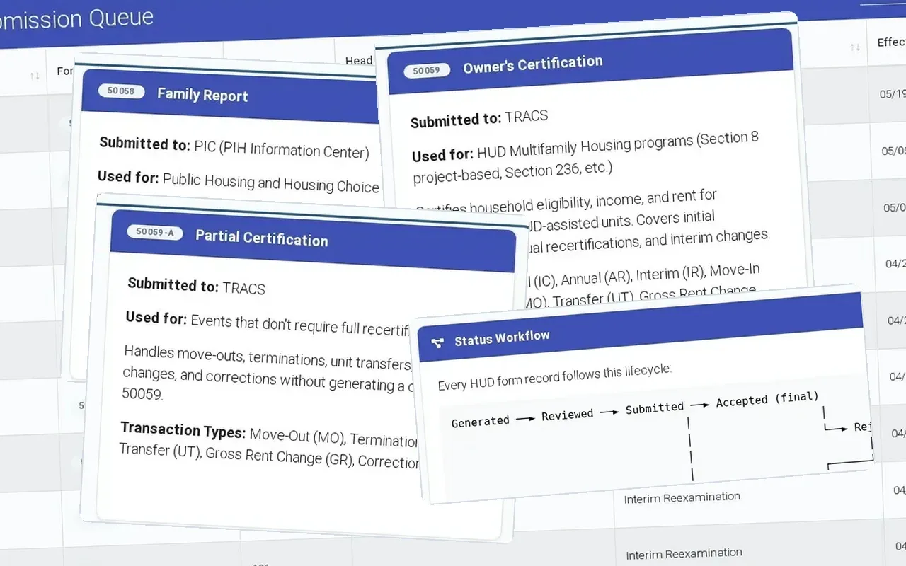 TRACS and PIC submissions in ExactEstate: 50059s and 50059-As sent to TRACS, 50058s sent to PIC, and each form’s status from generated to accepted.