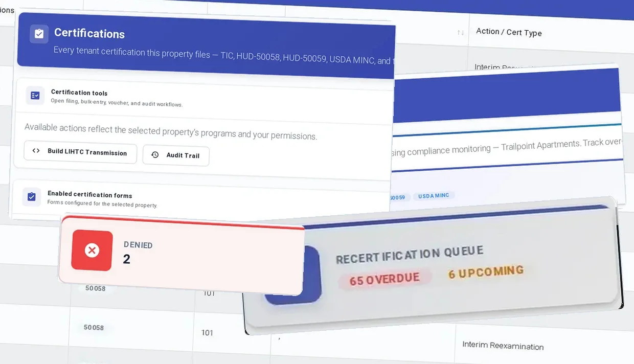 Catch blockers before filing day: readiness and blockers show in the workflow, income is checked against HUD and MTSP limits imported from HUD, recertifications are scheduled and HOTMA applies per property.