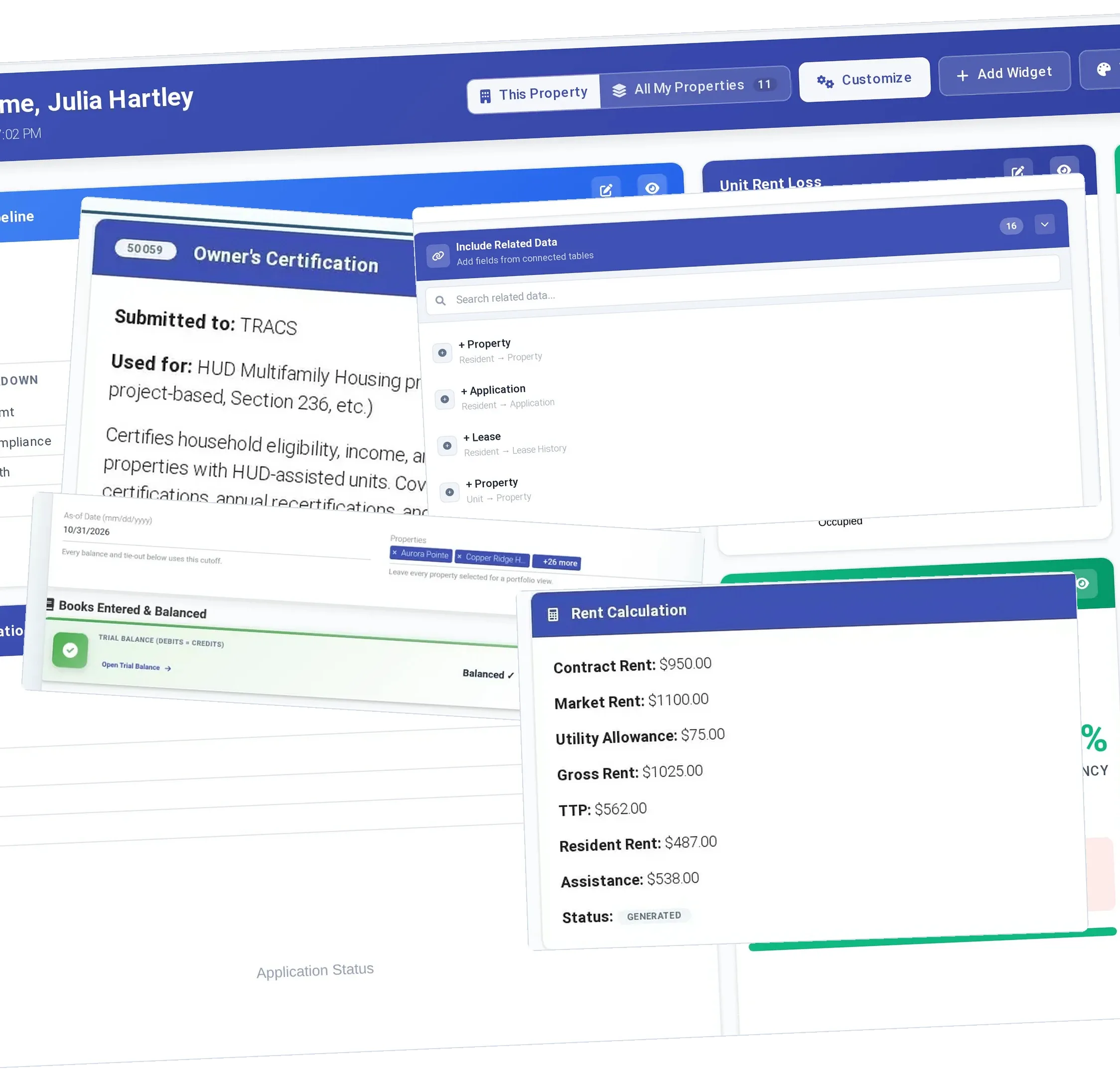 ExactEstate HUD owner’s certification for TRACS next to the rent calculation: contract rent, utility allowance, TTP and assistance.