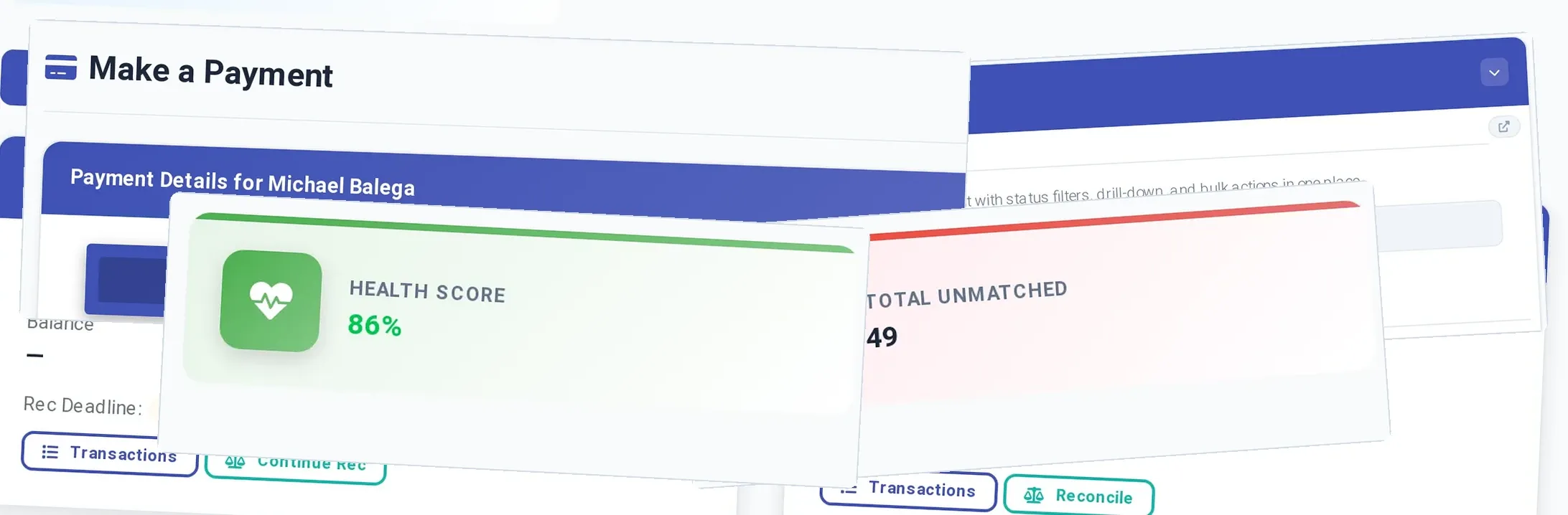 ExactEstate payment screen and bank reconciliation with unmatched transactions, beside an 86% health score.