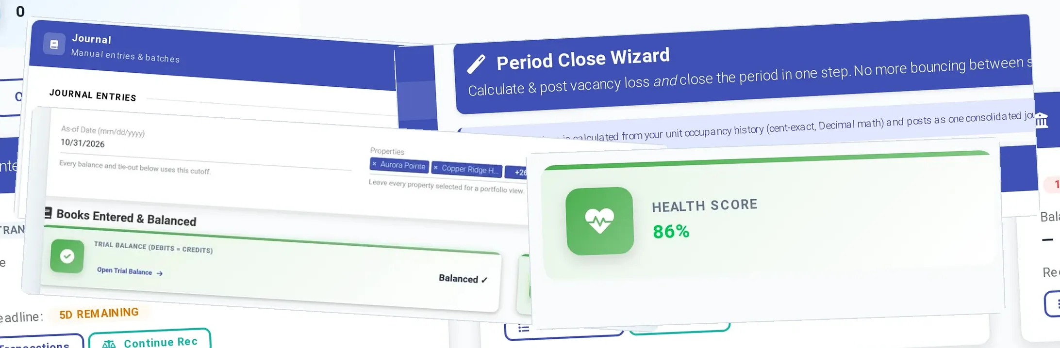 ExactEstate journal entries, the Books Entered & Balanced check and the Period Close Wizard.
