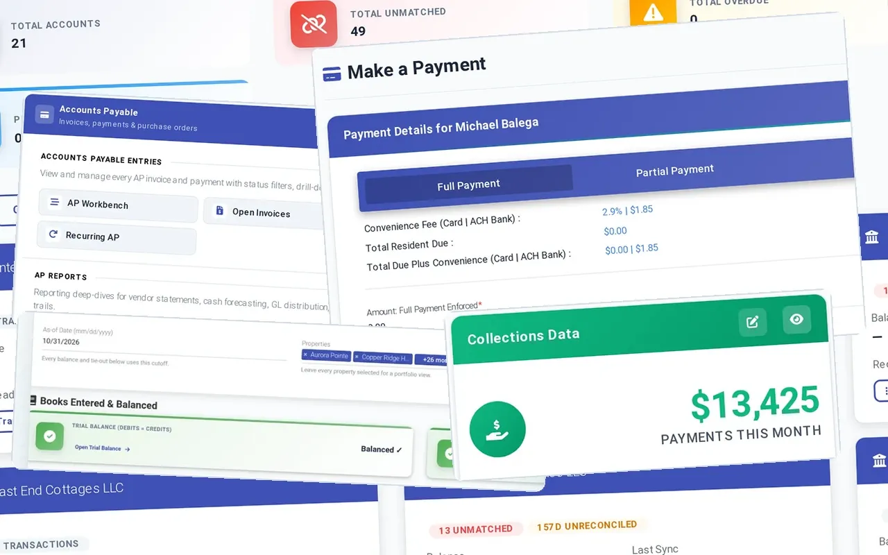 Accounting and payments: Reconciliation dashboard, Accounts payable: AP workbench, open invoices, AP aging, reports, Make a payment: full, partial or prepay, Books entered and balanced: trial balance and balance sheet balanced, and in front, Collections: $13,425 payments this month