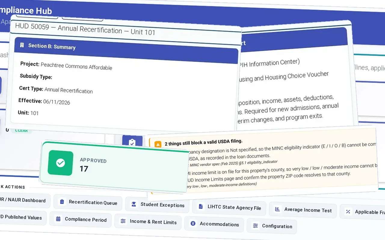 Affordable housing compliance: Compliance Hub, HUD-50058 family report: submitted to PIC, HUD-50059 annual recertification, Section B summary, 2 things still block a valid USDA filing, and in front, Certifications approved: 17