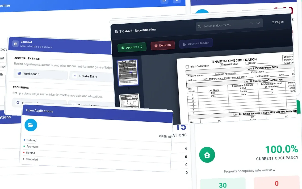 What Core includes: Portfolio dashboard, Journal: entries, recurring journals, batches, payroll, Tenant Income Certification PDF with Approve TIC and Approve to Sign, and in front, 15 open applications