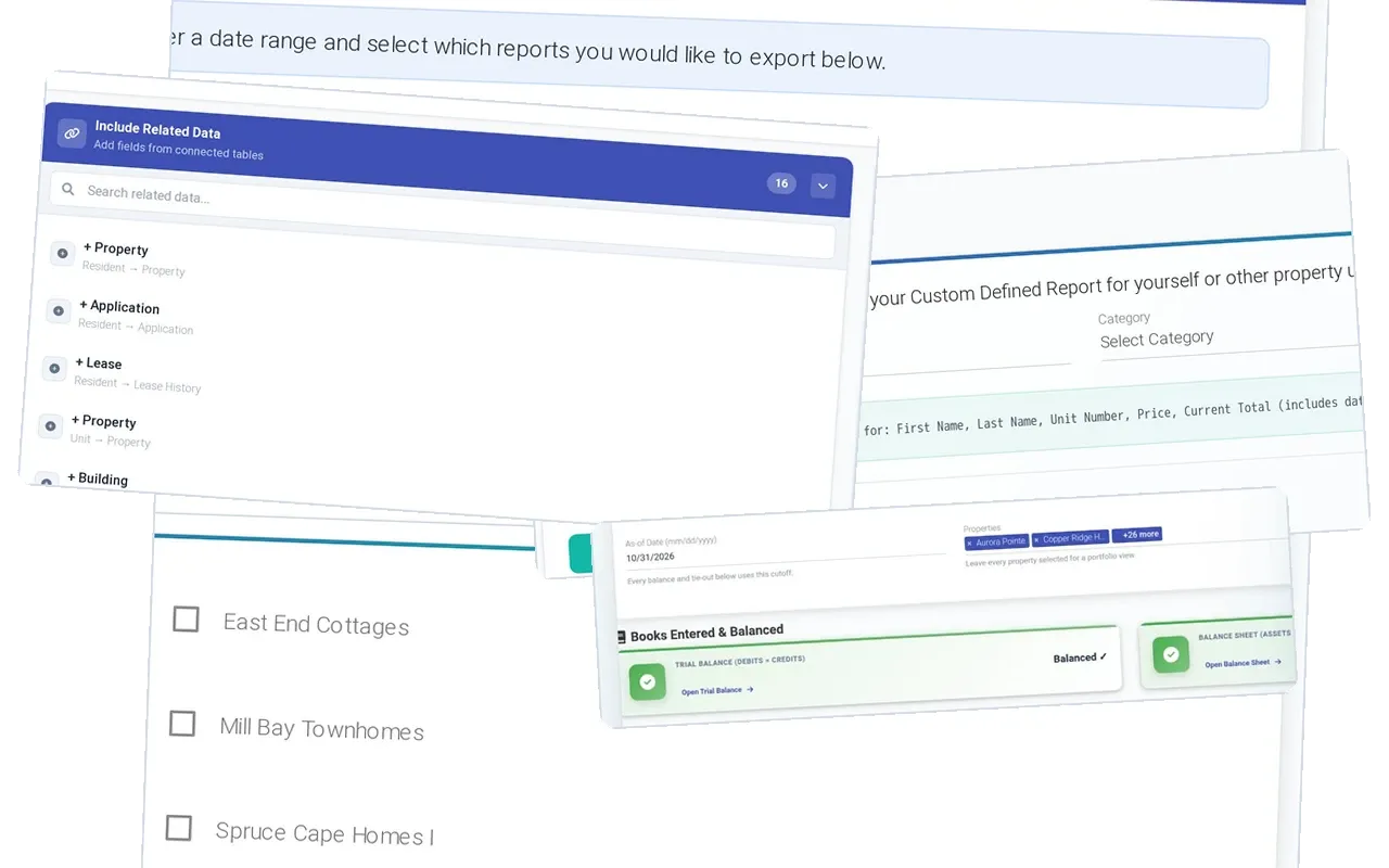 Implementation and data: Group reporting export, Create a custom report: rent roll with balances, Custom report: related data and available fields, and in front, Books entered and balanced: trial balance and balance sheet balanced