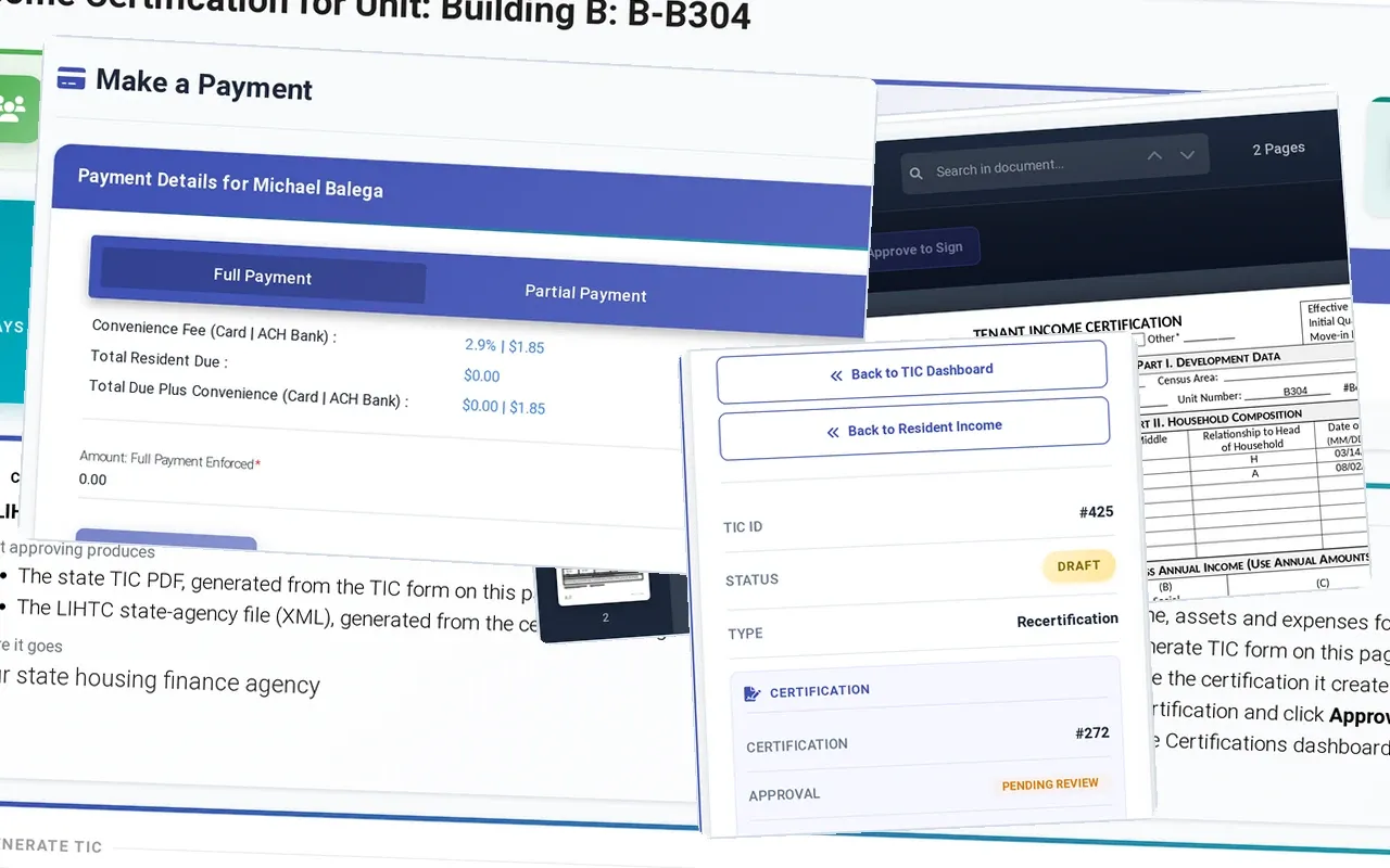E-signature and payments: LIHTC income certification for a unit, Tenant Income Certification PDF with Approve TIC and Approve to Sign, Make a payment: full, partial or prepay, and in front, TIC No. 425: draft, certification No. 272 pending review