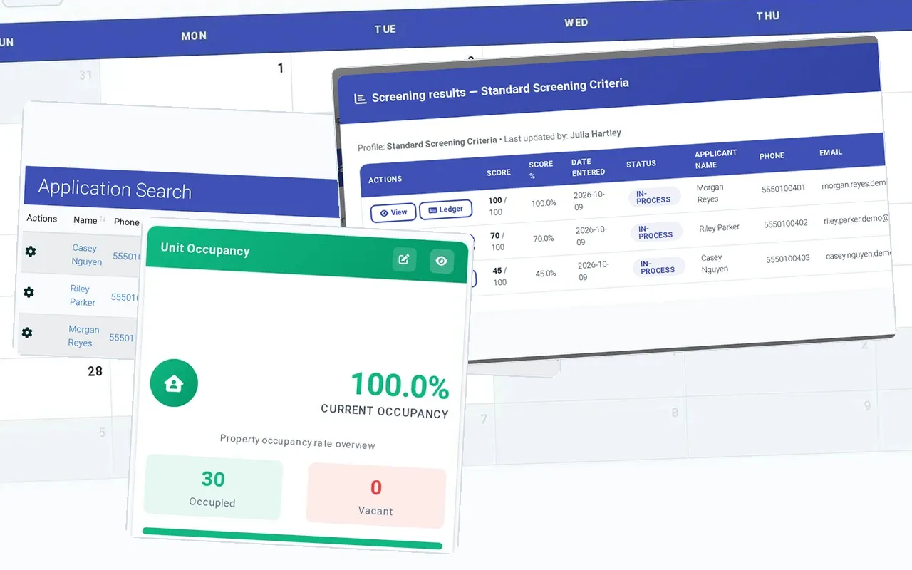 Core plus EEva capabilities: Leasing appointment calendar, Application search with Run screening criteria, Screening results: scores 100, 70 and 45 out of 100, and in front, Unit occupancy 100.0% with 30 occupied, 0 vacant
