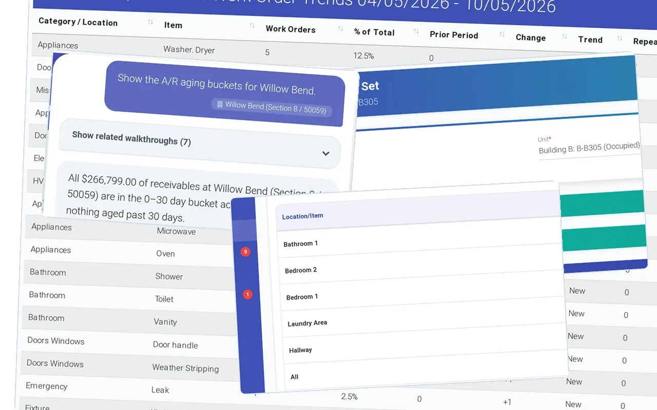 Answers on the screen where you are: Work order trends by category, Inspection set with NSPIRE property report and scoring guide, Ask EEva: show the A/R aging buckets, and in front, Inspection results: every location OK, Good