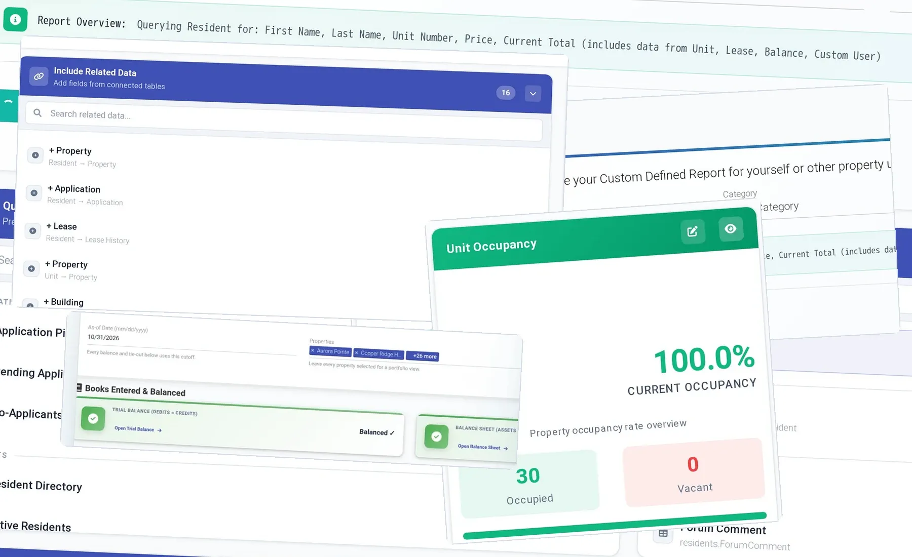 ExactEstate custom report builder with related data fields, beside 100% unit occupancy.