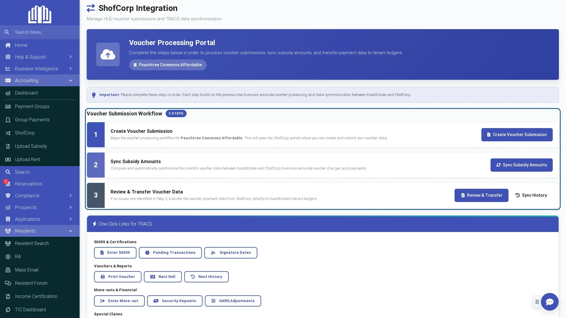 ExactEstate ShofCorp integration screen with a three-step voucher workflow that creates the submission, syncs subsidy amounts and transfers voucher payment data back into ExactEstate tenant ledgers