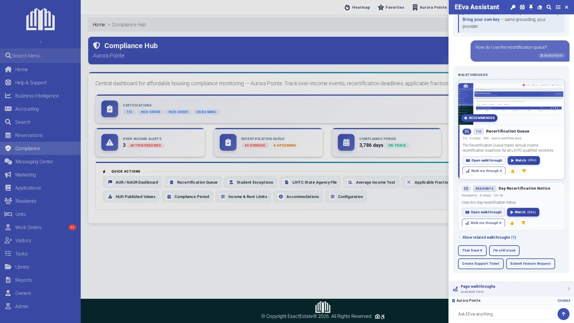 ExactEstate's EEva assistant open beside the Compliance Hub, answering “how do I use the recertification queue?” with a cited walkthrough
