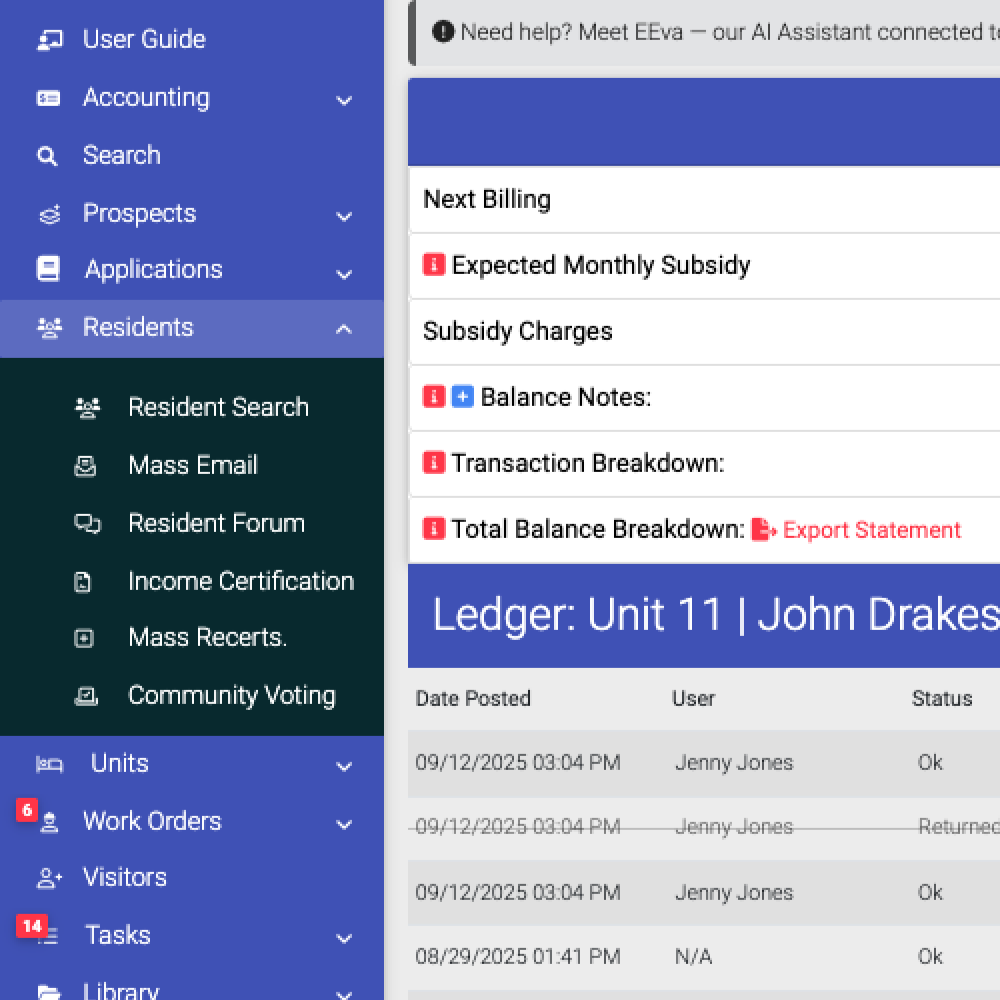 Software interface showing a sidebar menu with options like User Guide, Accounting, Residents, and Tasks; a ledger view for Unit 11 John Drakes with date posted, user Jenny Jones, and status details.