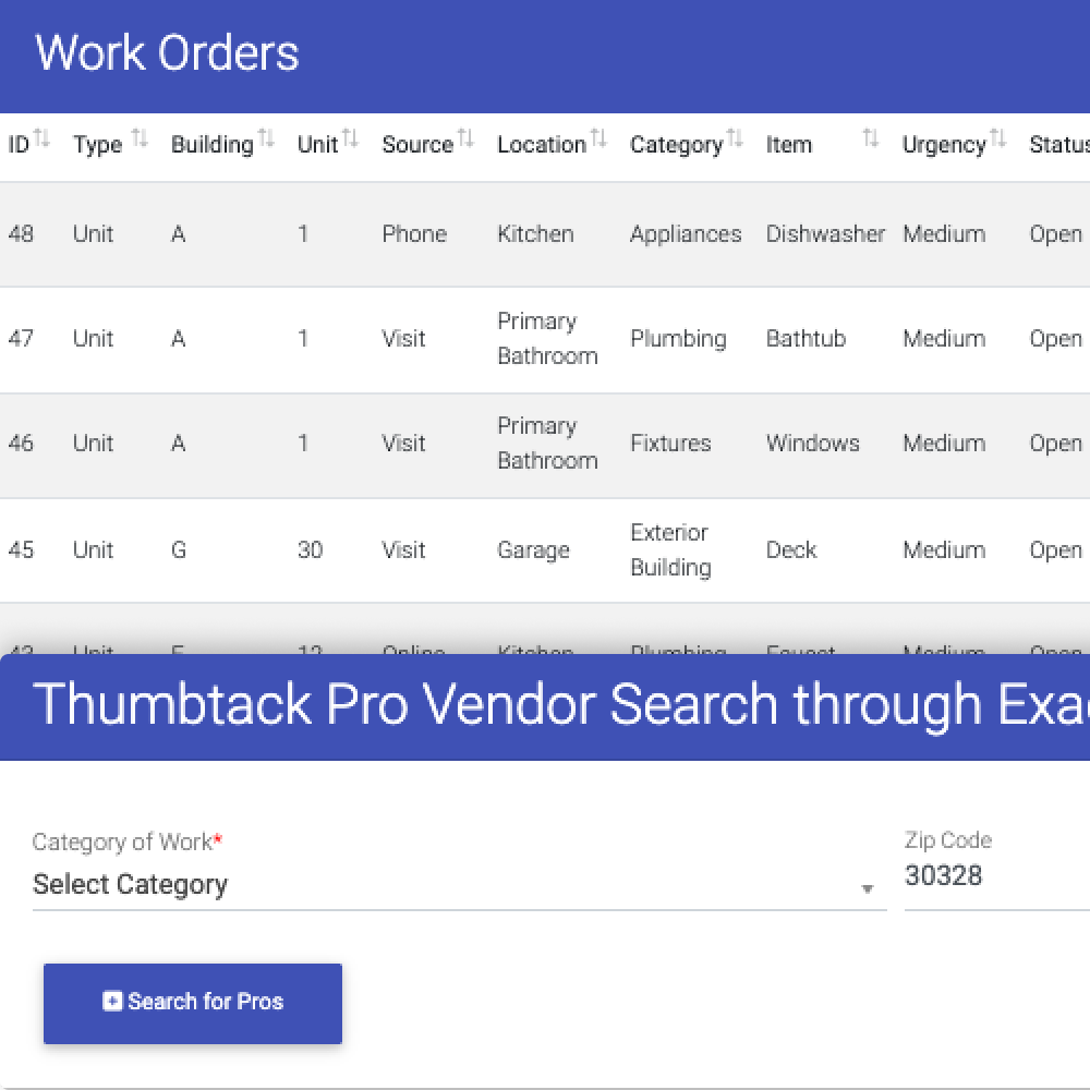 Screenshot of a work orders table with columns for ID, Type, Building, Unit, Source, Location, Category, Item, Urgency, and Status, followed by a Thumbtack Pro Vendor Search form with category selection, zip code 30328, and a Search for Pros button.